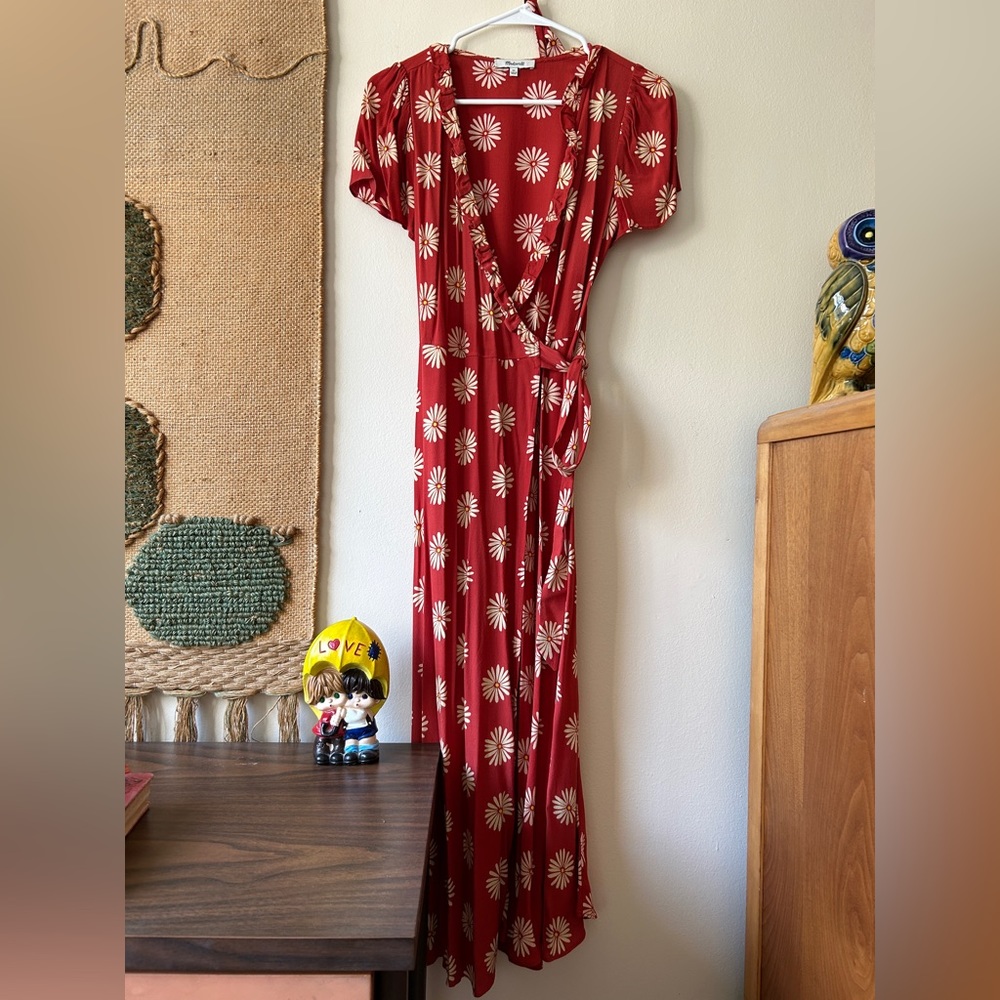 Madewell red wrap maxi dress with white daisy pattern